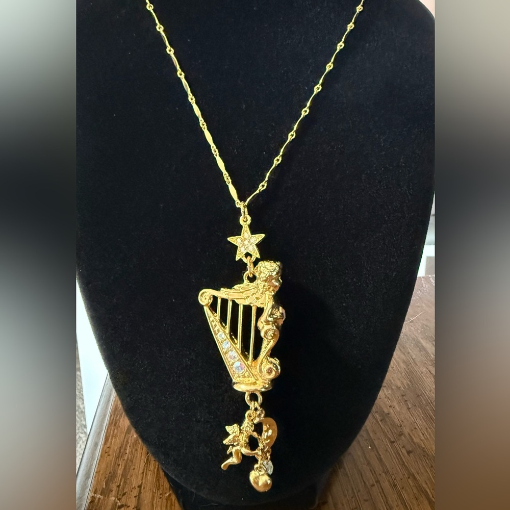Kirks Folly Gold Harp Necklace with Star and Cherub